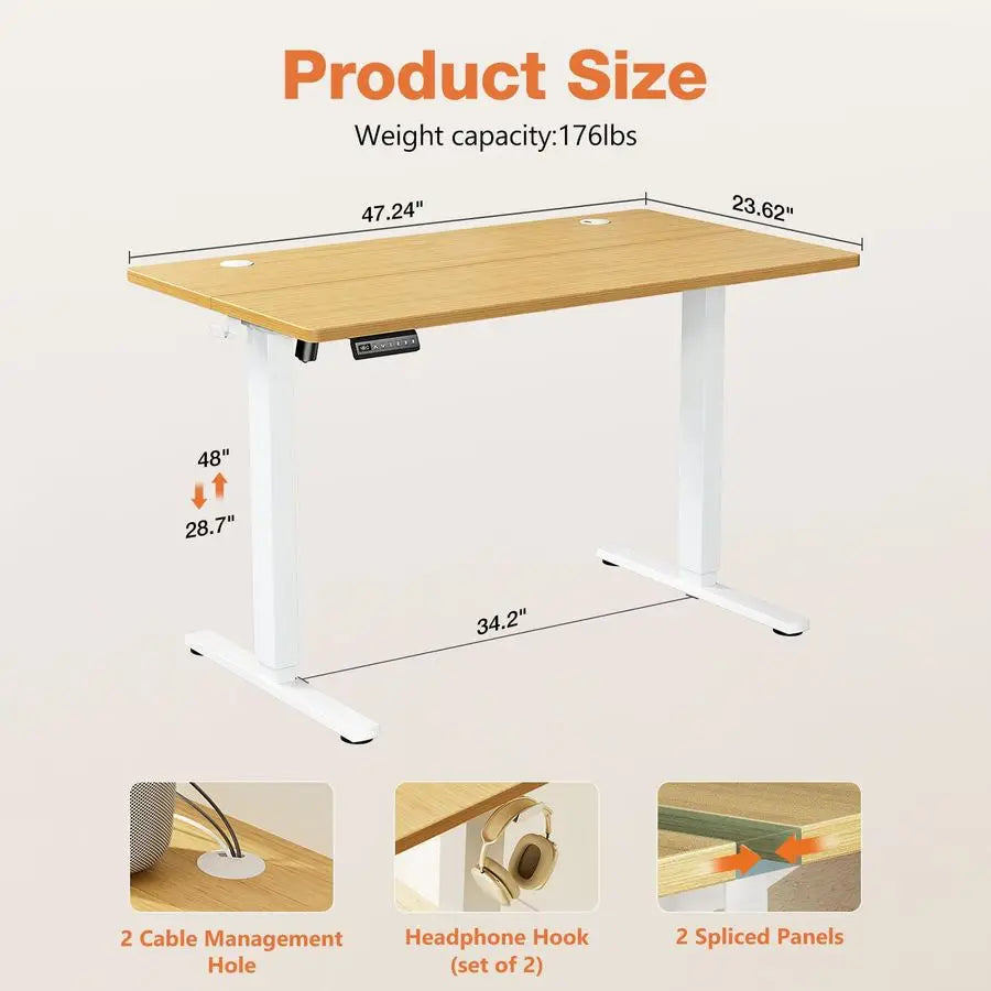 Electric Standing Desk Adjustable Height, 48x24 Inch Sit Stand Up Home Office Desks Computer Workstation PC Work Table with 3 Me